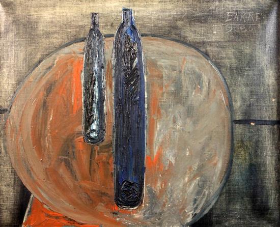 Sadanand Bakre (1920-2007) Still life of two bottles on a table top, 21 x 26in.